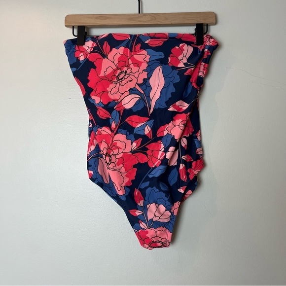 Kona Sol Strapless One Piece Navy and Pink Floral Swimsuit Medium - Picture 1 of 8